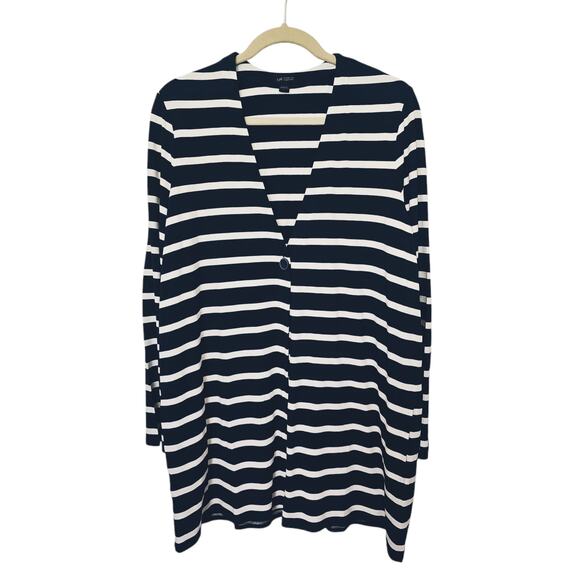 J Jill Cardigan Womens Large Navy White Stripes Coastal Fishermancore Preppy - Picture 2 of 12